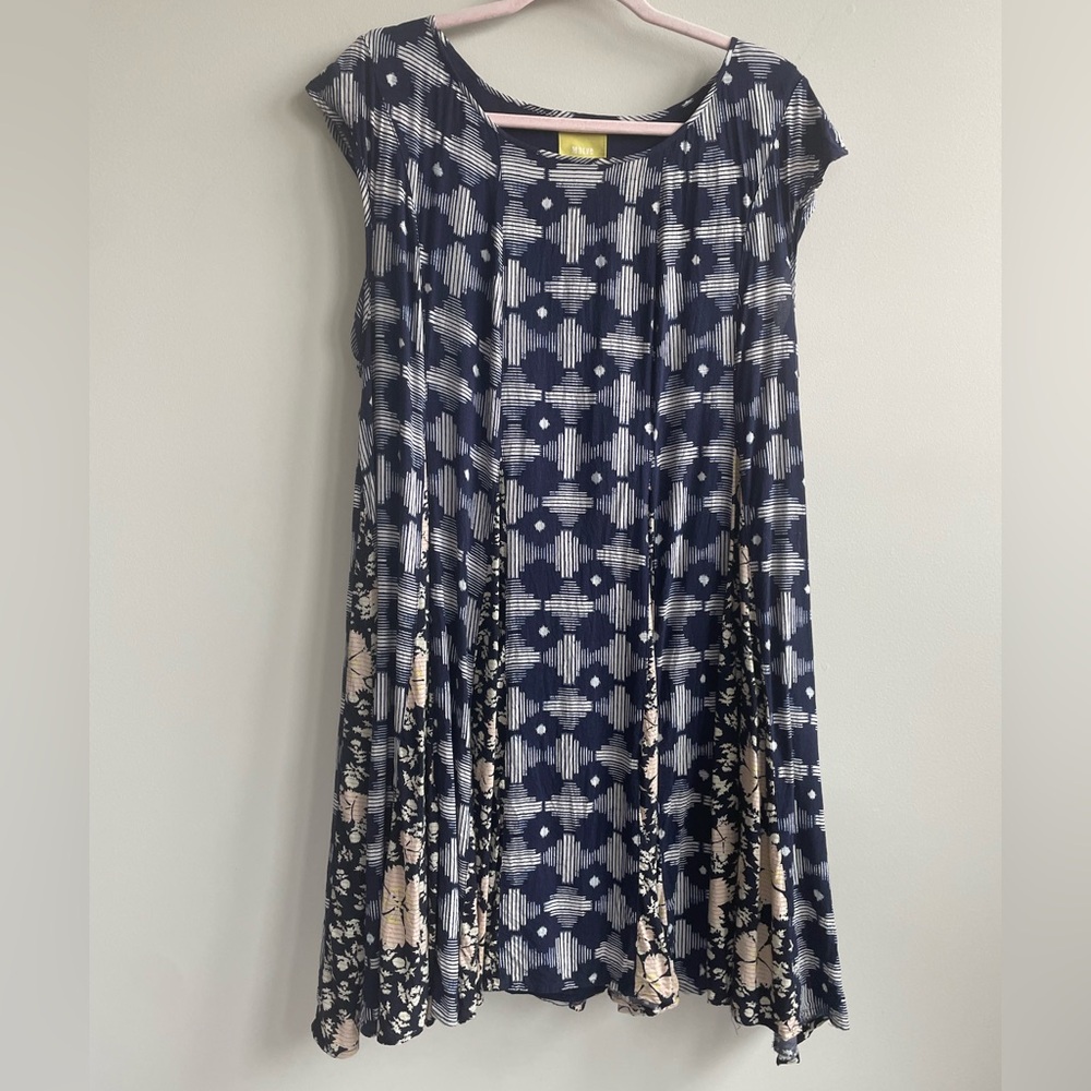 Anthropologie Maeve Indiga Swing Dress Mixed Print Floral Geometric Corset Back - Picture 2 of 12